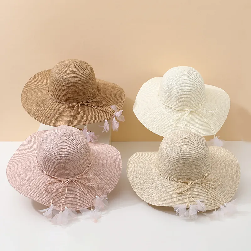 Women Wide Brim Straw Sun Hat Woven Breathable UV Protection Beach Travel Elegant Bow Mesh Flower Tassel Decor