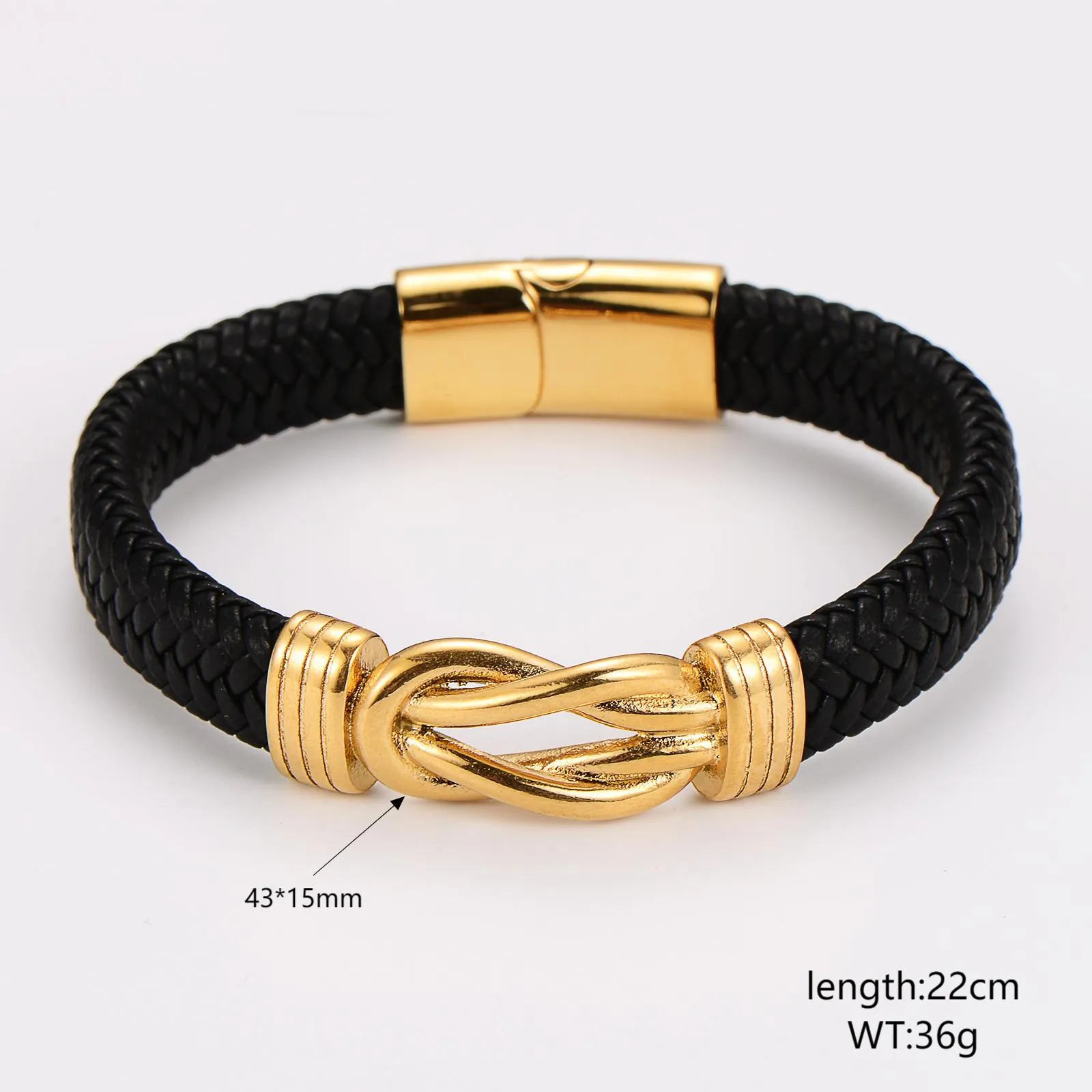 Bracelet Homme Cuir Tressé Acier Inoxydable 304 Charme Nœud Plaqué Or 18K Fermoir Magnétique Style Punk Vintage
