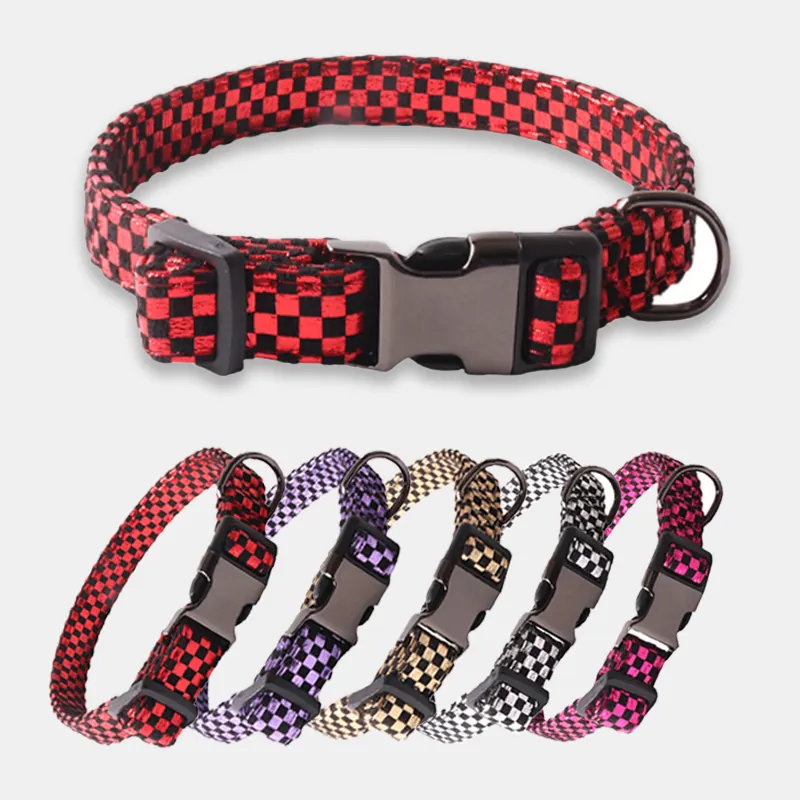 Adjustable Dog Collar Checkerboard Pattern Laser Holographic Bright Nylon With Metal D Ring For Puppy Small Medium Dogs