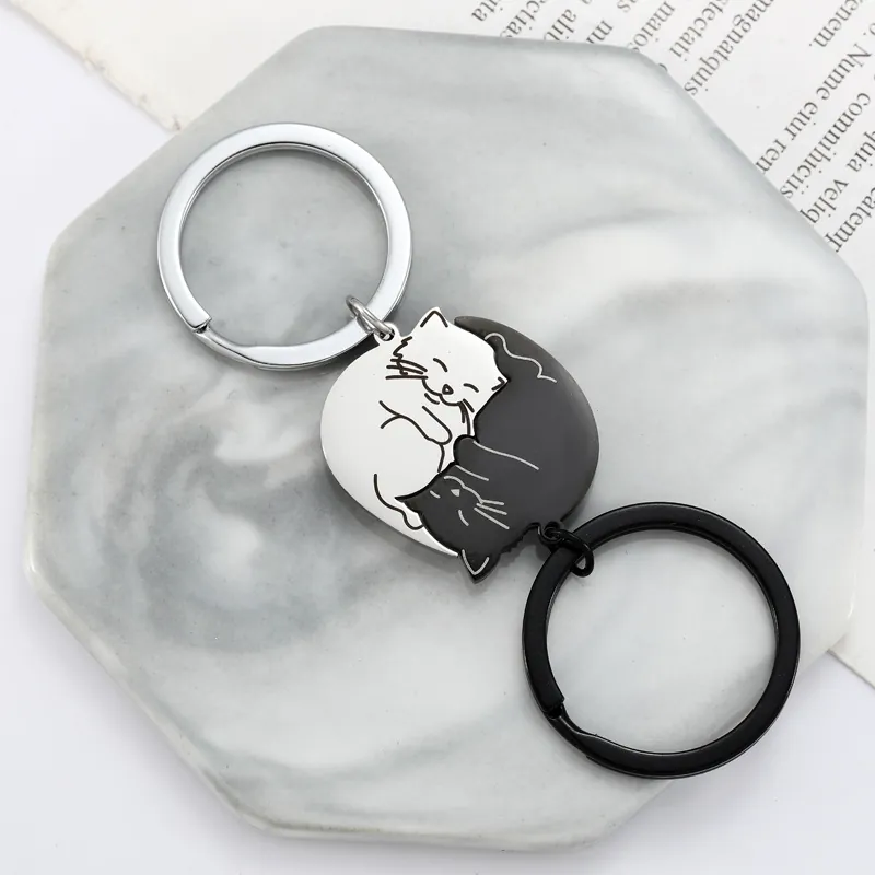 Cute Interlocking Cat Keychain Stainless Steel Hugging Cats For Couples Best Friends Accessories Gift