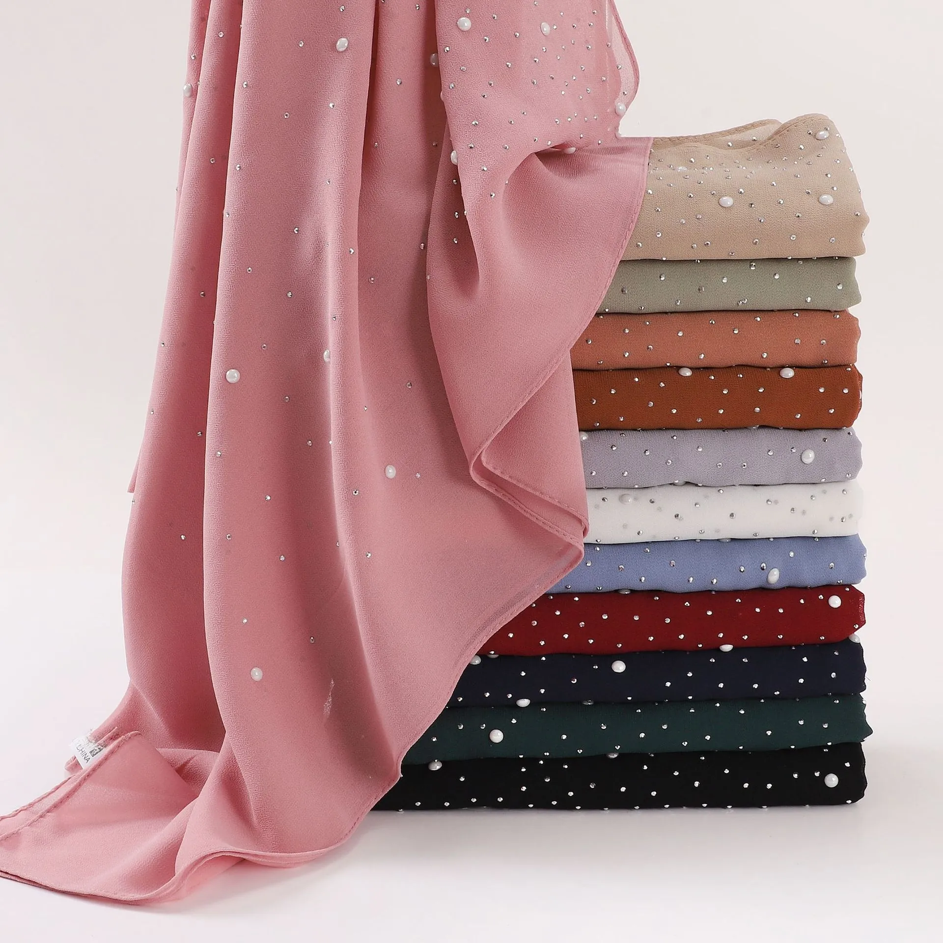 Eleganter Perlen Strass Chiffon Schal Für Damen Ethno Langes Kopftuch Einfarbig Polyester Gaze Schal Für Tägliche Party Mode Accessoires
