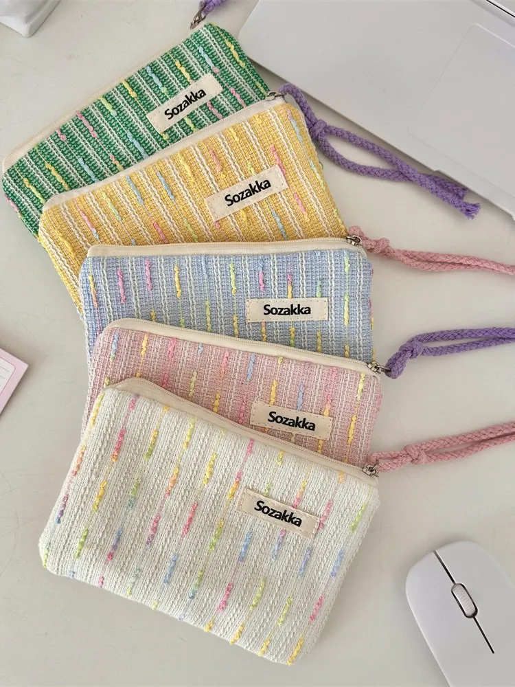 Gestrickte Tweed Kosmetiktasche Bunte Streifen Kosmetikbeutel Tragbarer Organizer Für Lippenstift Kopfhörer Damen