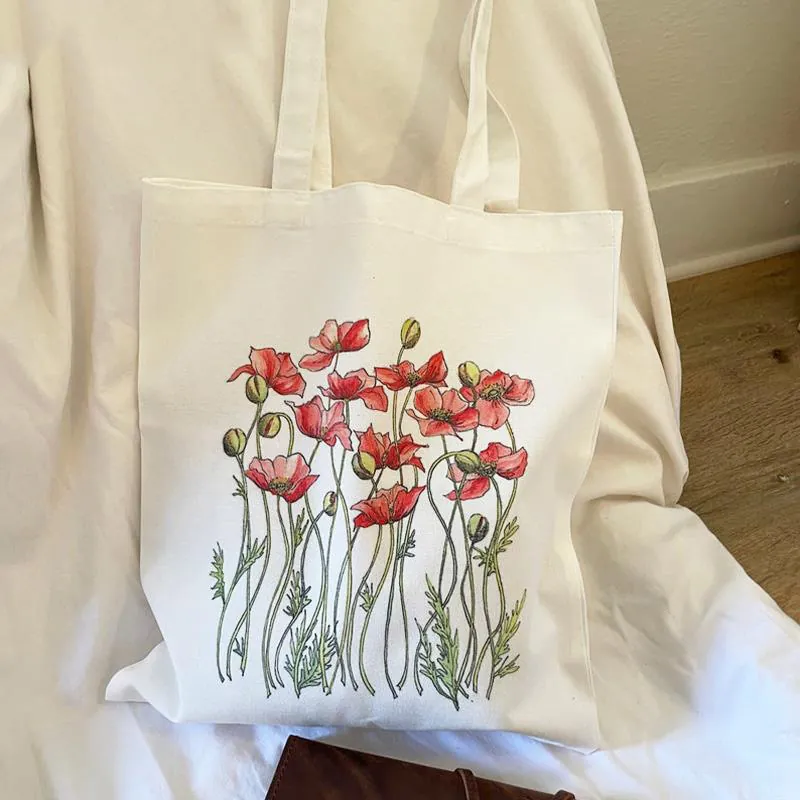 Floral Print Canvas Tote Bag Aesthetic Flower Reusable Handbag For Women Student Casual Shopping Shoulder Bag