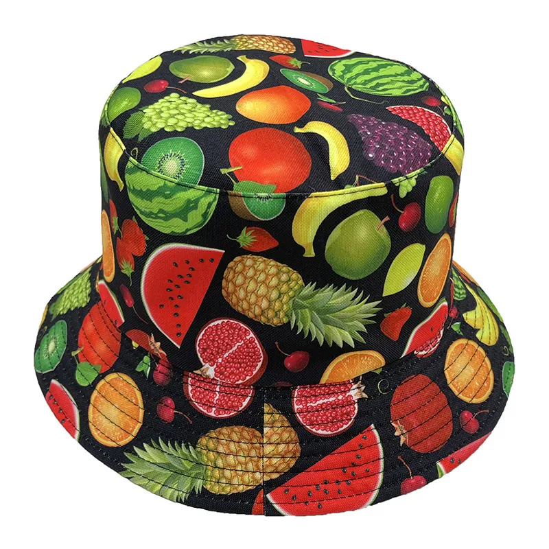 Cotton Bucket Hat Reversible Sun Protection Fruit Print Watermelon Lemon Cherry Outdoor Casual Summer For Women