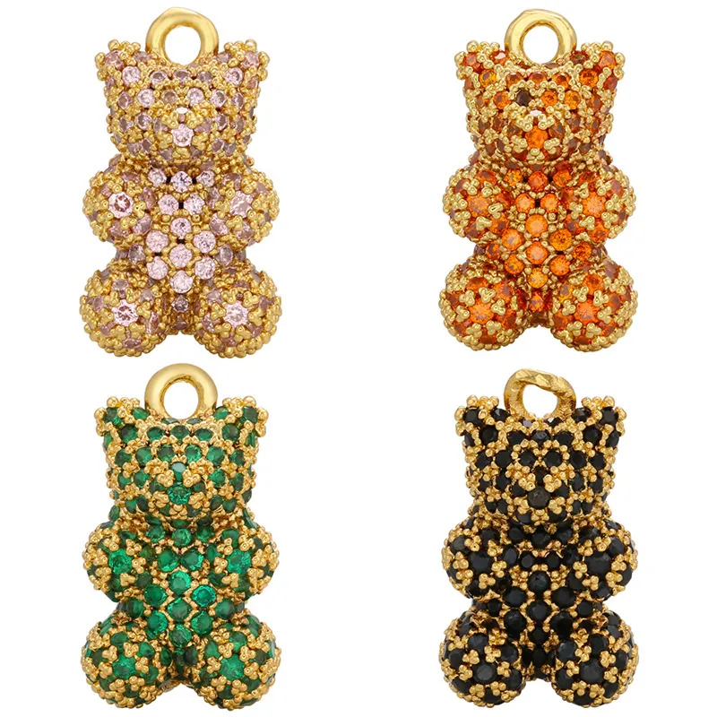 Ciondolo Orsetto Rame Micro Pave Zirconia Animale Charm Per Collana DIY Creazione Di Gioielli Carino Scintillante