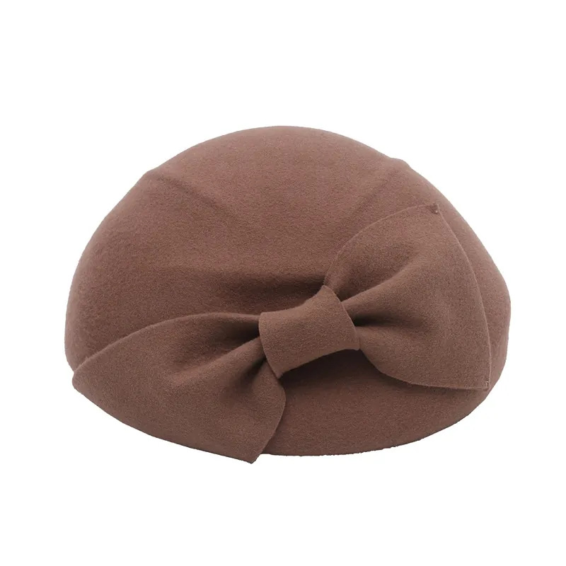 Women Retro Woolen Beret Hat Elegant Bow Fascinator Pillbox Hat British Style Winter Warm Solid Color Lady Banquet Hat