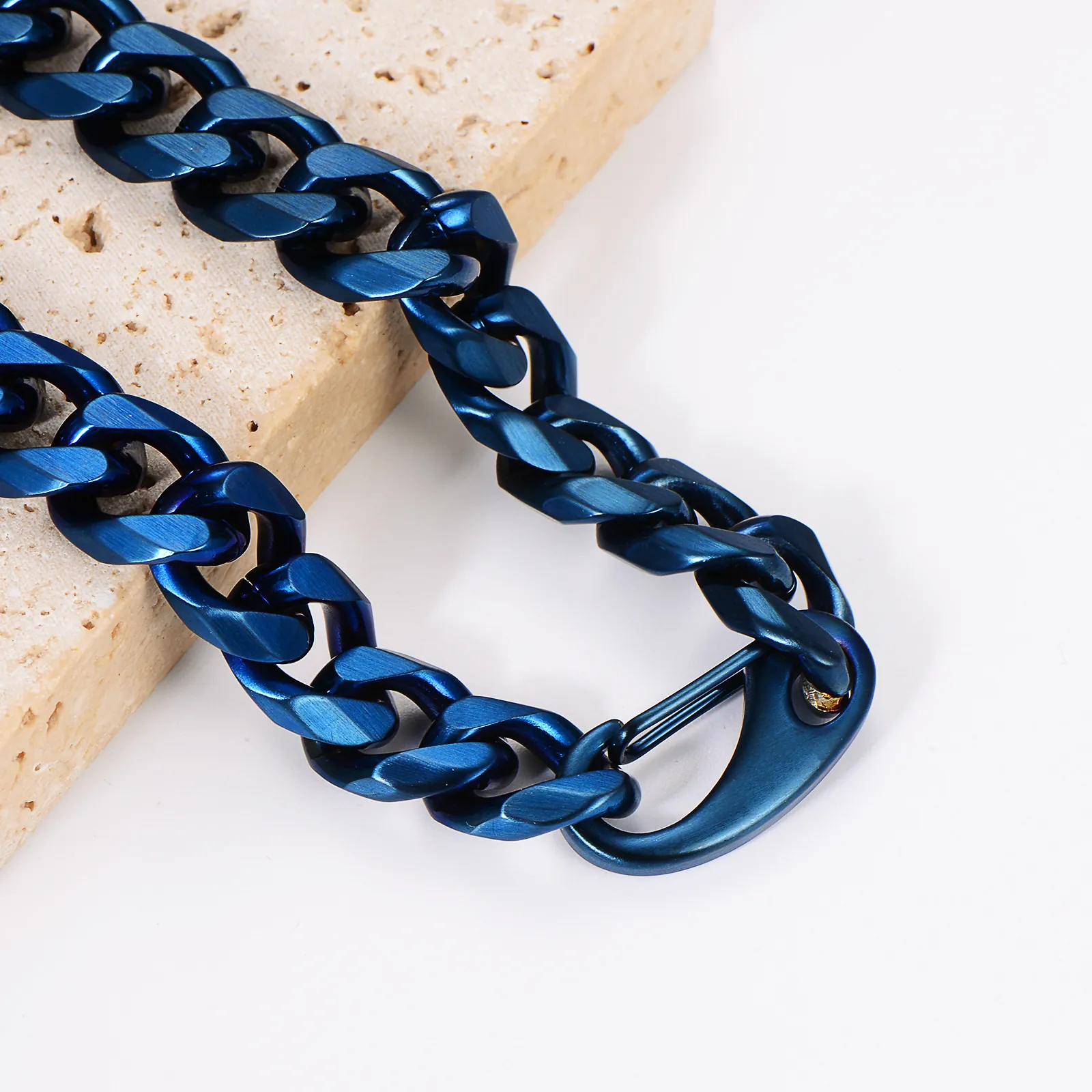 Men Stainless Steel Cuban Chain Necklace Blue Electroplated Hip Hop Punk Jewelry With Carabiner Clasp