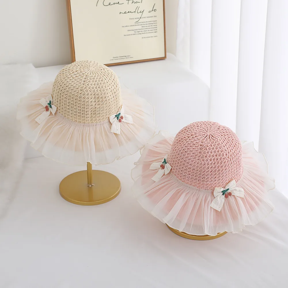 Girls Summer Sun Hat Paper Straw Weave With Chiffon Ruffle Brim Bow Cherry Decor Princess Beach Travel Accessory