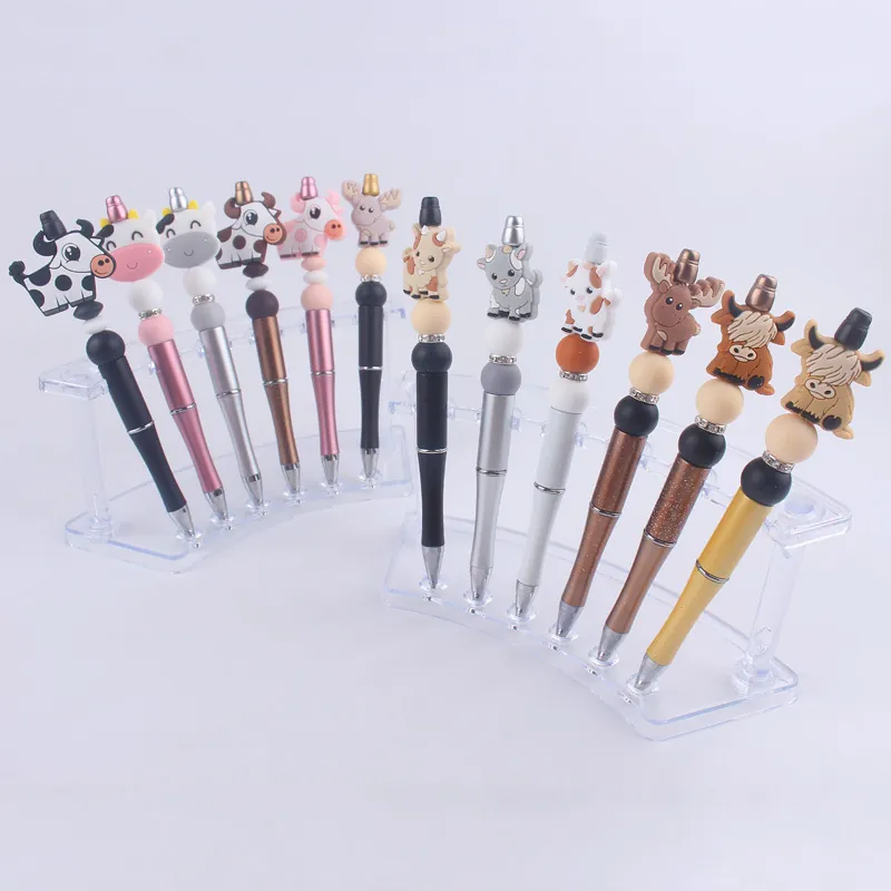 Beadable Ballpoint Pen With Cartoon Animal Silicone Beads Metal Barrel Rhinestone Decor DIY Writing Tool For Students