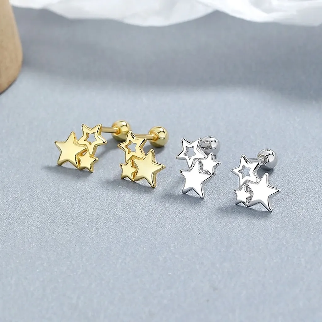 Overlapping Stars Stud Earrings With 925 Sterling Silver Earring Post Ball Screw Back Minimalist Jewelry For Women Trendy