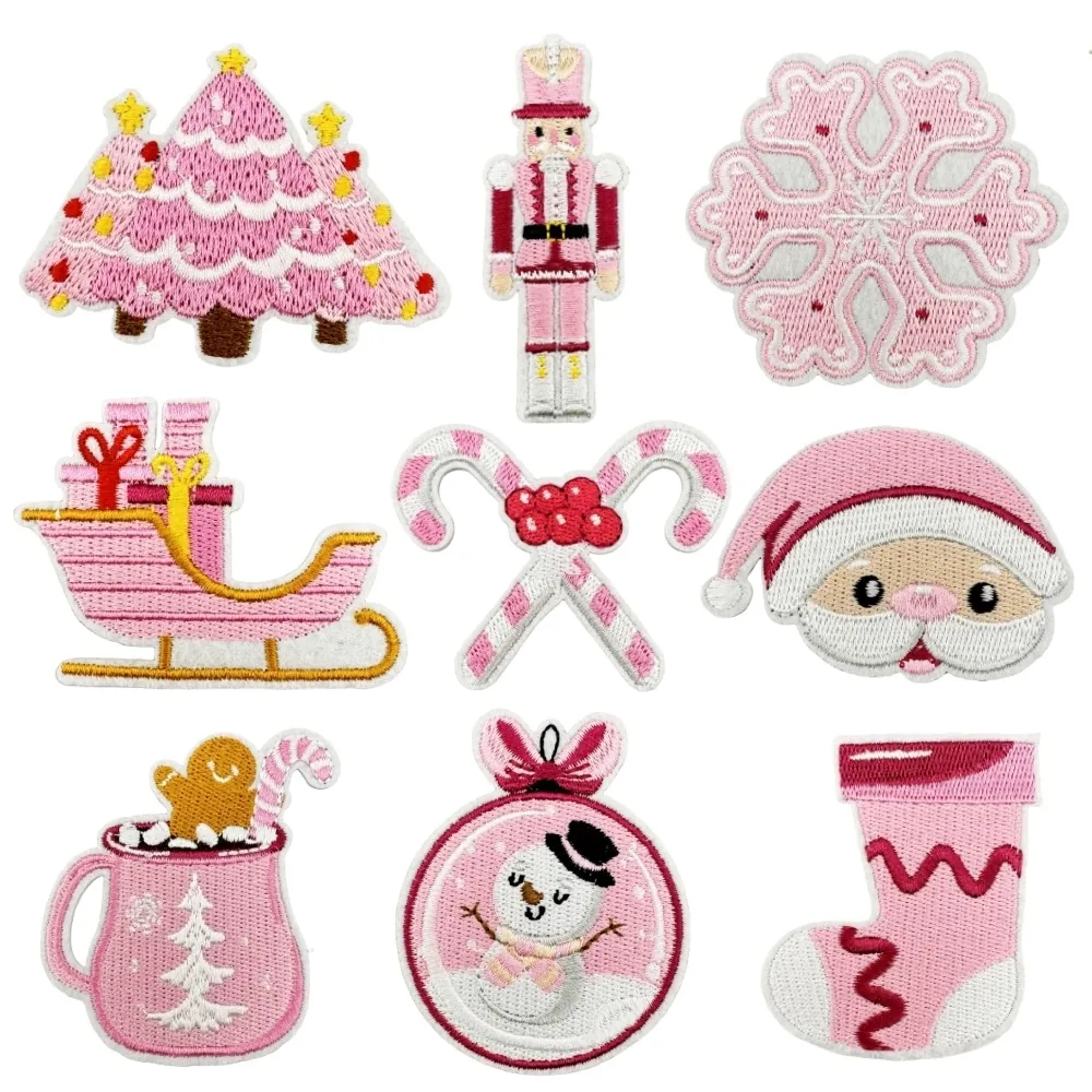 Pink Christmas Embroidered Patches Iron On Cartoon Santa Snowman Nutcracker Snowflake Tree Stocking DIY Clothing Decor