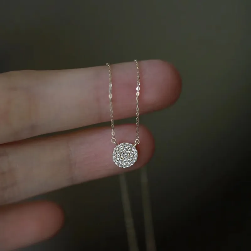 French Romantic 925 Sterling Silver Round Disc Pave Rhinestone Pendant Necklace 14k Gold Plated Delicate Chain Jewelry For Women Gift