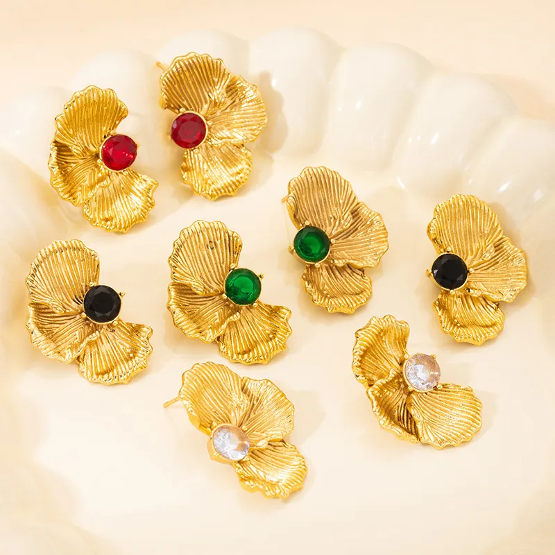 Vintage Ginkgo Leaf Petal Stud Earrings For Women Gold Plated Stainless Steel Inset Gemstone Retro Jewelry