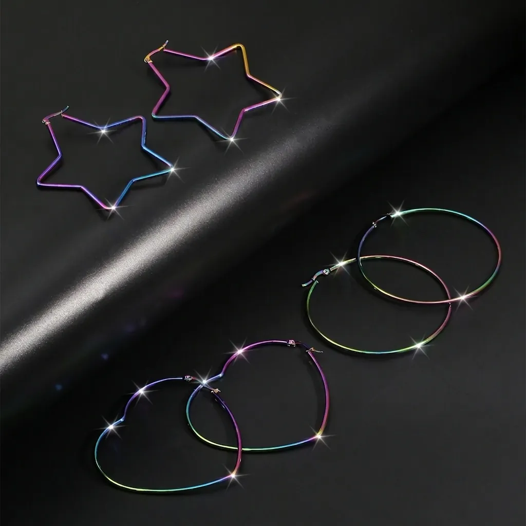 Exaggerated Iridescent Titanium Steel Hoop Earrings For Women Fashion Rainbow Star Heart Round Geometric Statement Jewelry