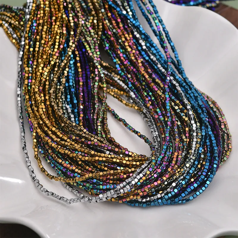 Cube Loose Beads Hematite Stone Colorful Rainbow Metallic Square Spacer For DIY Jewelry Making Bracelet Necklace Braided Glossy