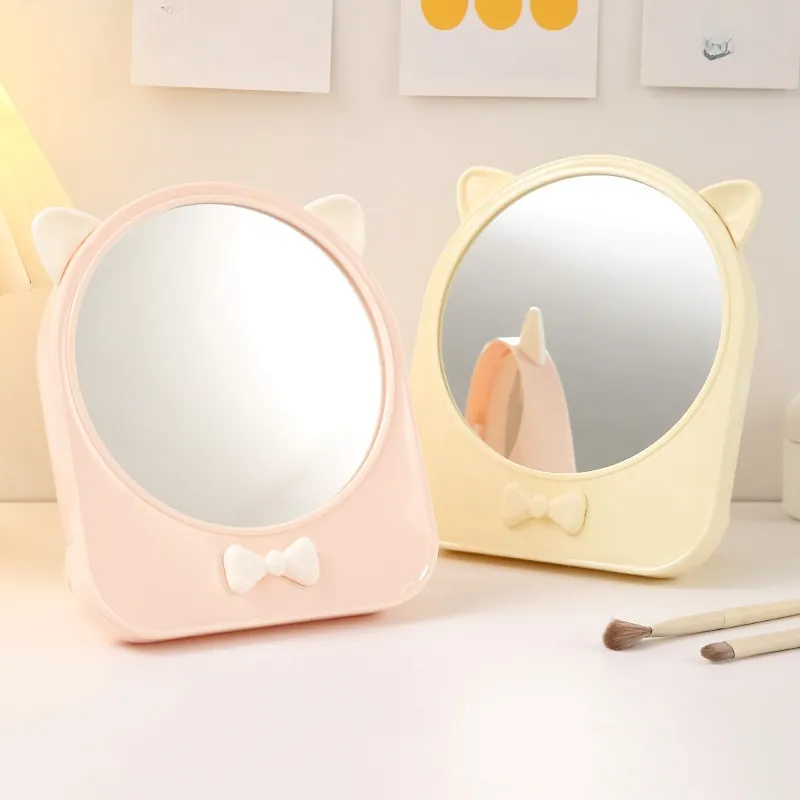 Specchio Trucco Orecchie Gatto Decorazione Fiocco Pieghevole Regolabile Specchio Da Scrivania Con Contenitore Posteriore Tondo HD