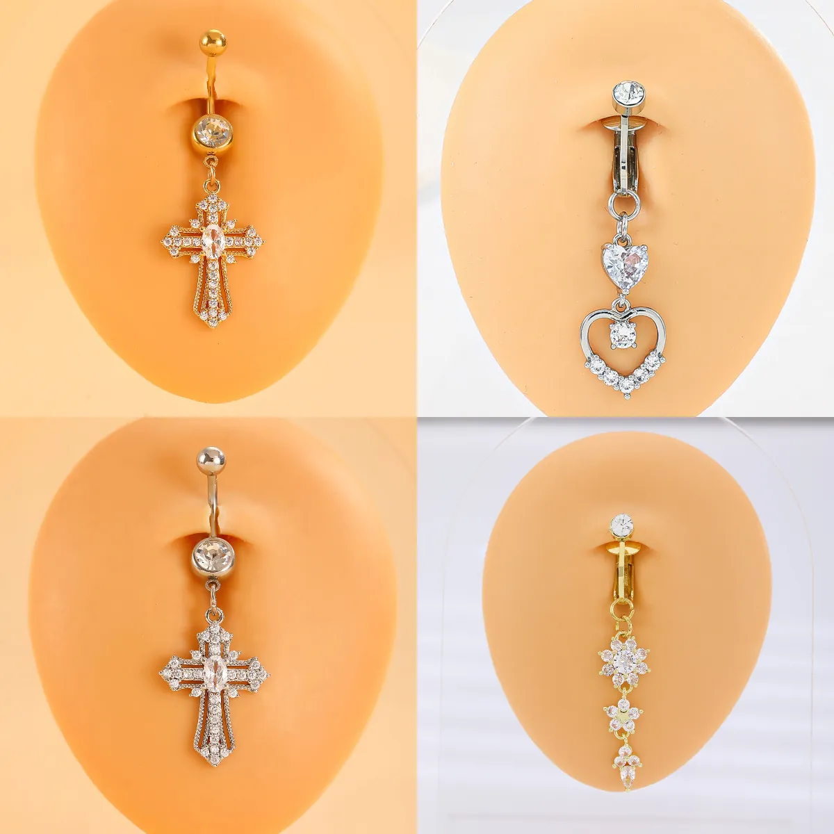 Zirconia Stainless Steel Copper Belly Button Ring Heart Cross Dangle Piercing Jewelry Non Piercing Navel Buckle For Women