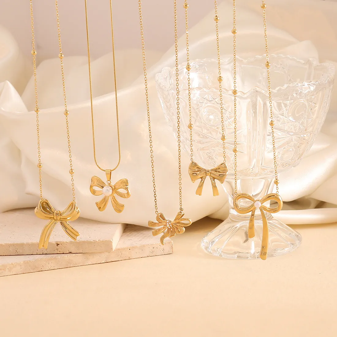Stainless Steel Bow Pendant Necklace And Earrings Gold Plated Jewelry With Faux Artificial Pearl Rhinestone For Women