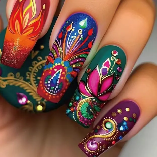 Ethnic Mandala Press On Nails Glossy Medium Long Square False Nail Tips With 3D Rhinestone Contrast Colors For Women