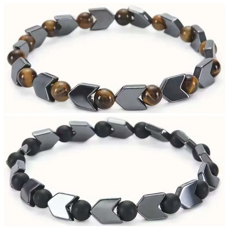 Natural Tiger Eye Stone Hematite Beaded Bracelet Copper Arrow Accents Elastic Jewelry For Men Women