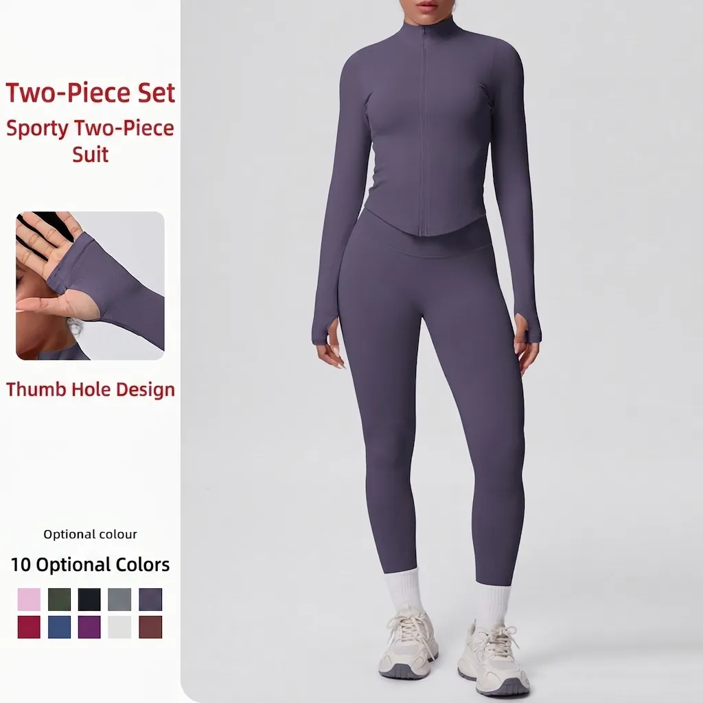 Giacca Sportiva da Donna a Maniche Lunghe con Cerniera e Collo Alto Leggings a Vita Alta Completo Yoga Top And Bottom Aderente per Fitness