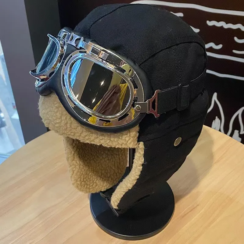 Winter Warm Trapper Hat With Goggles Unisex Thickened Windproof Aviator Hat Faux Lamb Wool Ear Flap Hat For Cycling Outdoor