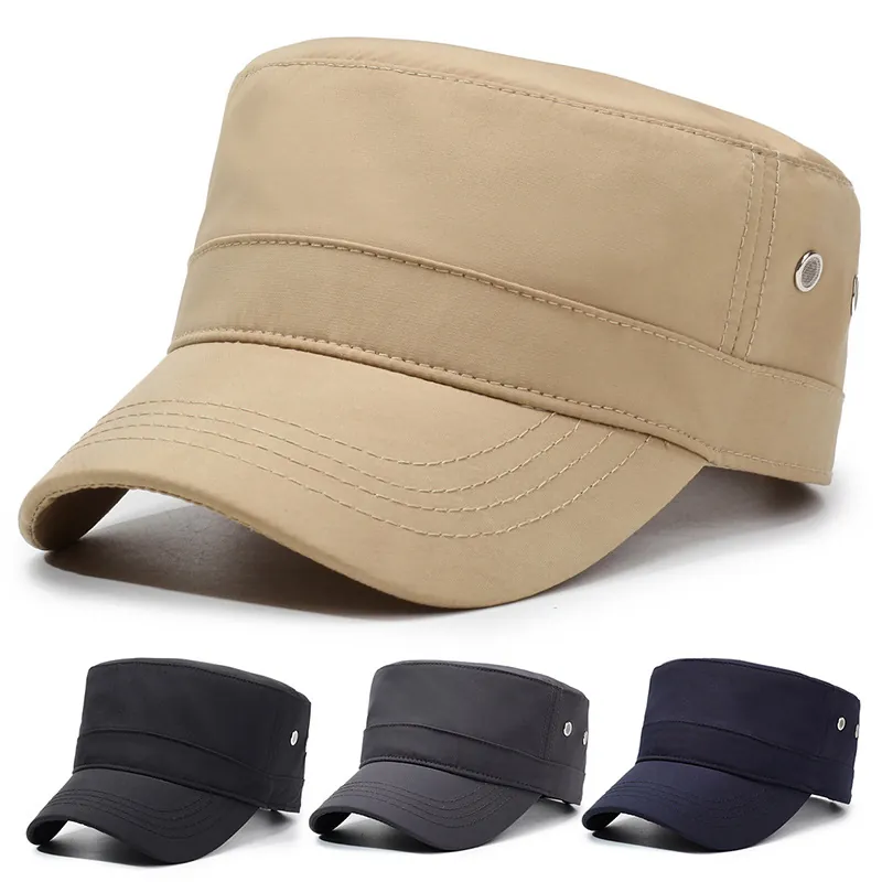 Men Flat Top Military Cap Quick Dry Polyester Breathable Sun Protection Outdoor Sports Cadet Hat Adjustable