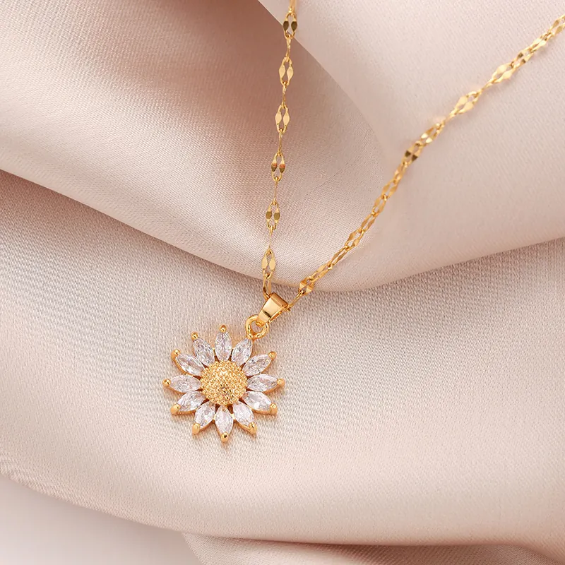 Vintage Sunflower Pendant Necklace For Women Elegant Stainless Steel Gold Tone White Zirconia Flower Jewelry