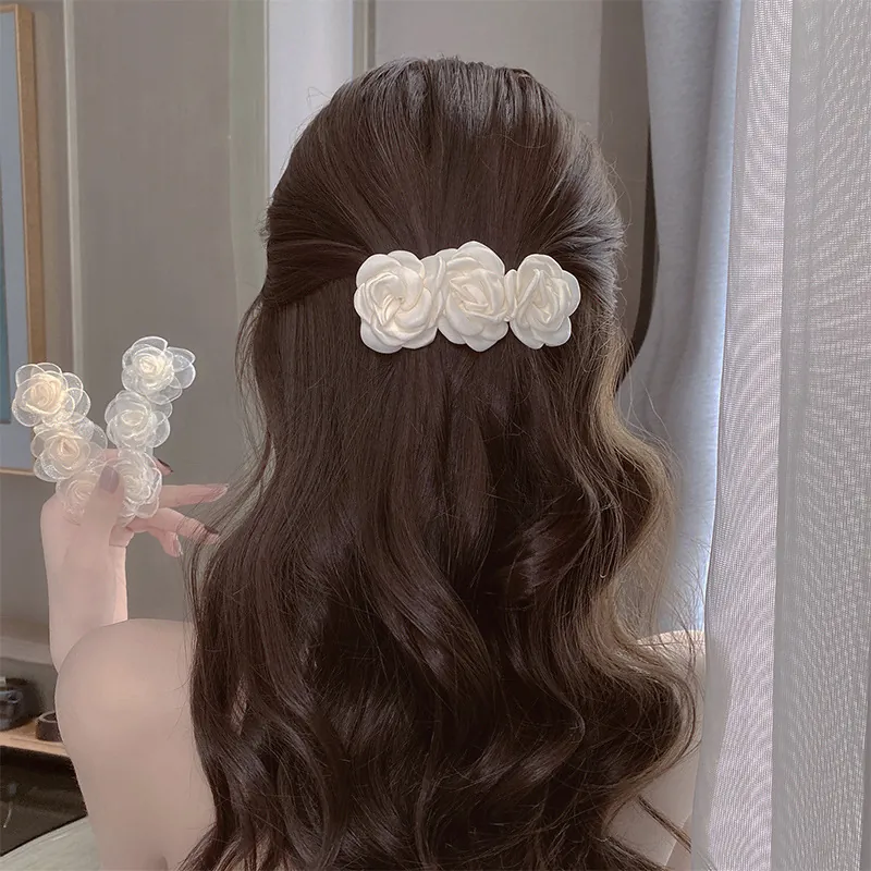 Elegant Camellia Rose Flower Hair Clip French Style Satin Organza Fabric Barrette For Women Sweet Romantic Hair Accessory