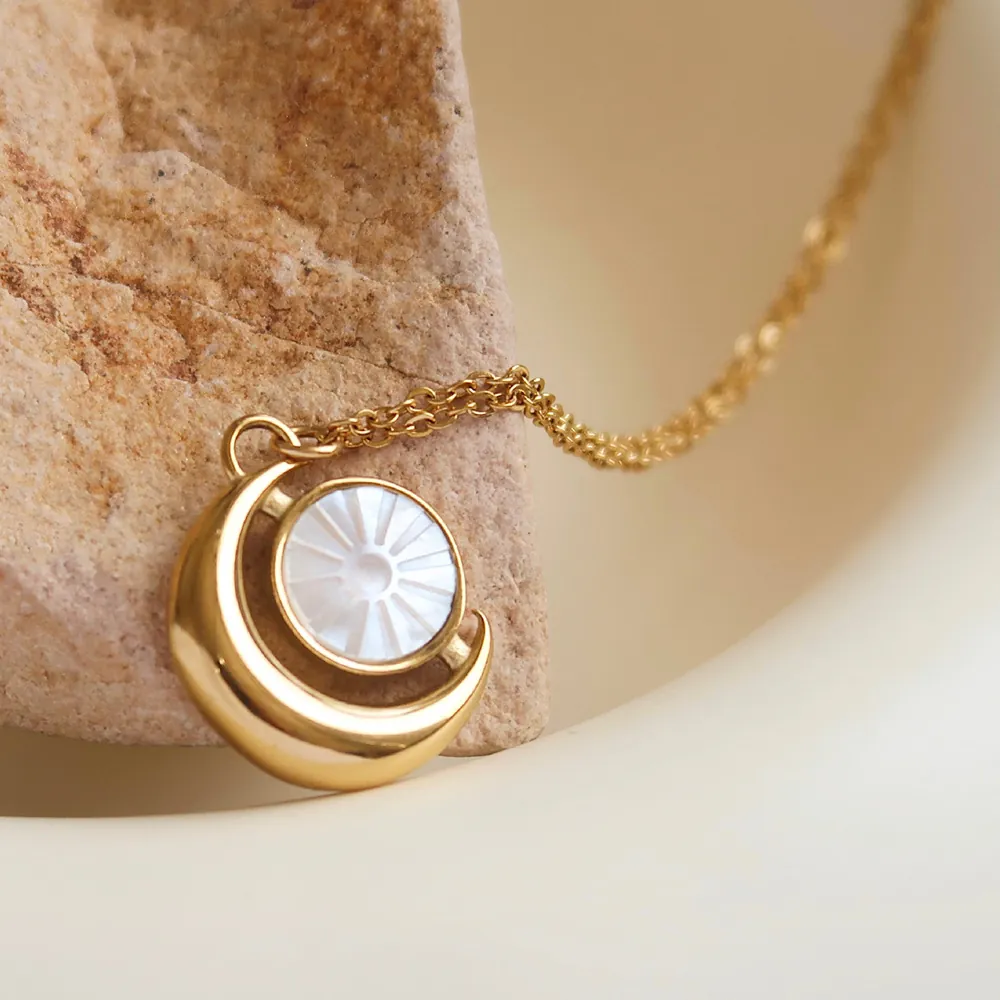 Sun Moon Pendant Necklace 18K Gold Plated Stainless Steel White Shell Inlay Minimalist Celestial Jewelry For Women
