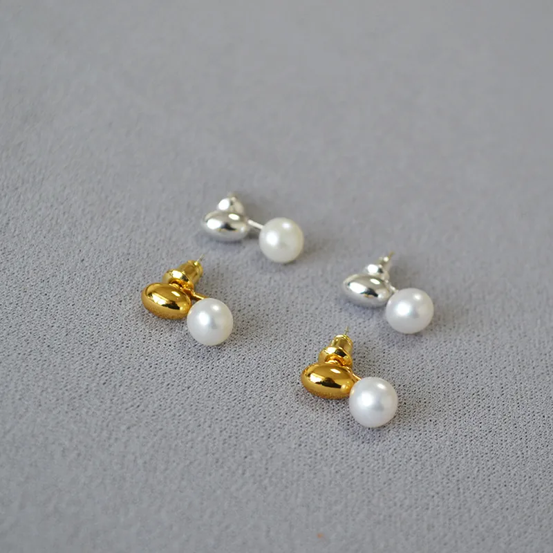 Freshwater Pearl Stud Earrings With Brass Gold Plated Bean And 925 Sterling Silver Earring Post For Women Simple Chic