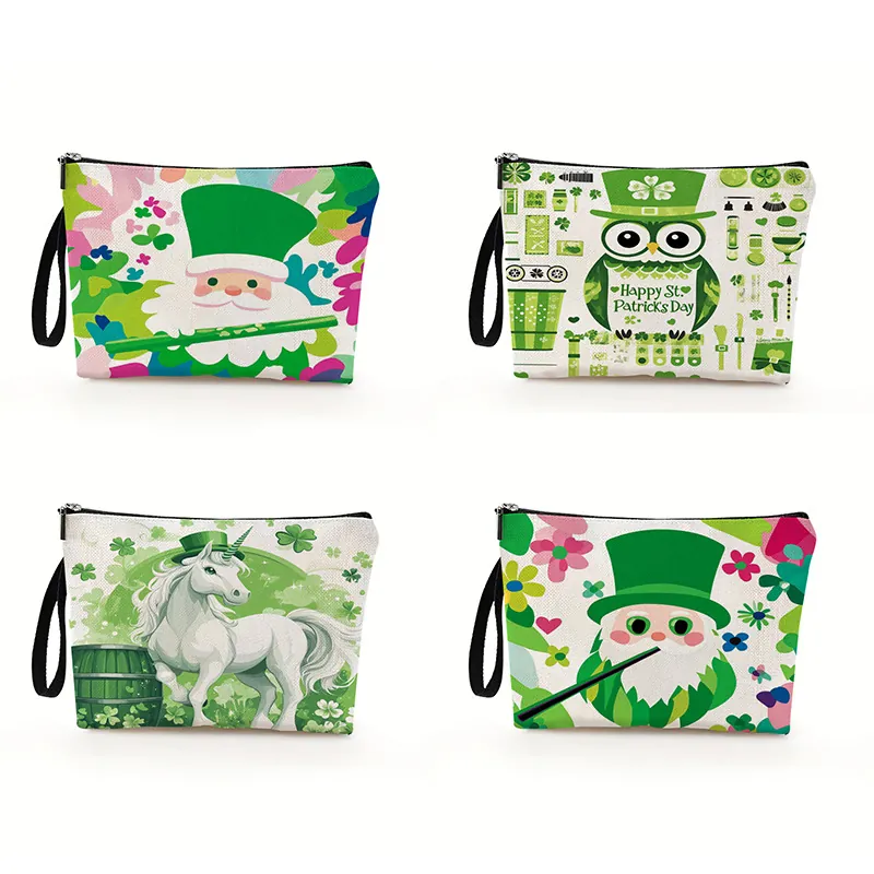 St. Patricks Day Kosmetiktasche Aus Feinem Leinen Kulturbeutel Tragbare Handtasche Mit Reißverschluss Und Schlaufe Zwerg Einhorn Eule