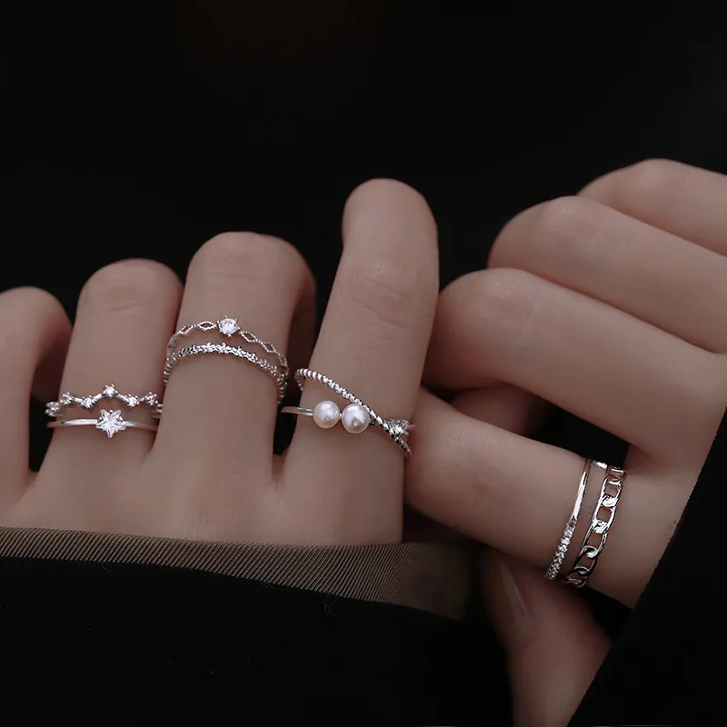 Double Layer Star Adjustable Ring Copper Zircon Artificial Pearl Geometric Fashion Minimalist Jewelry For Women