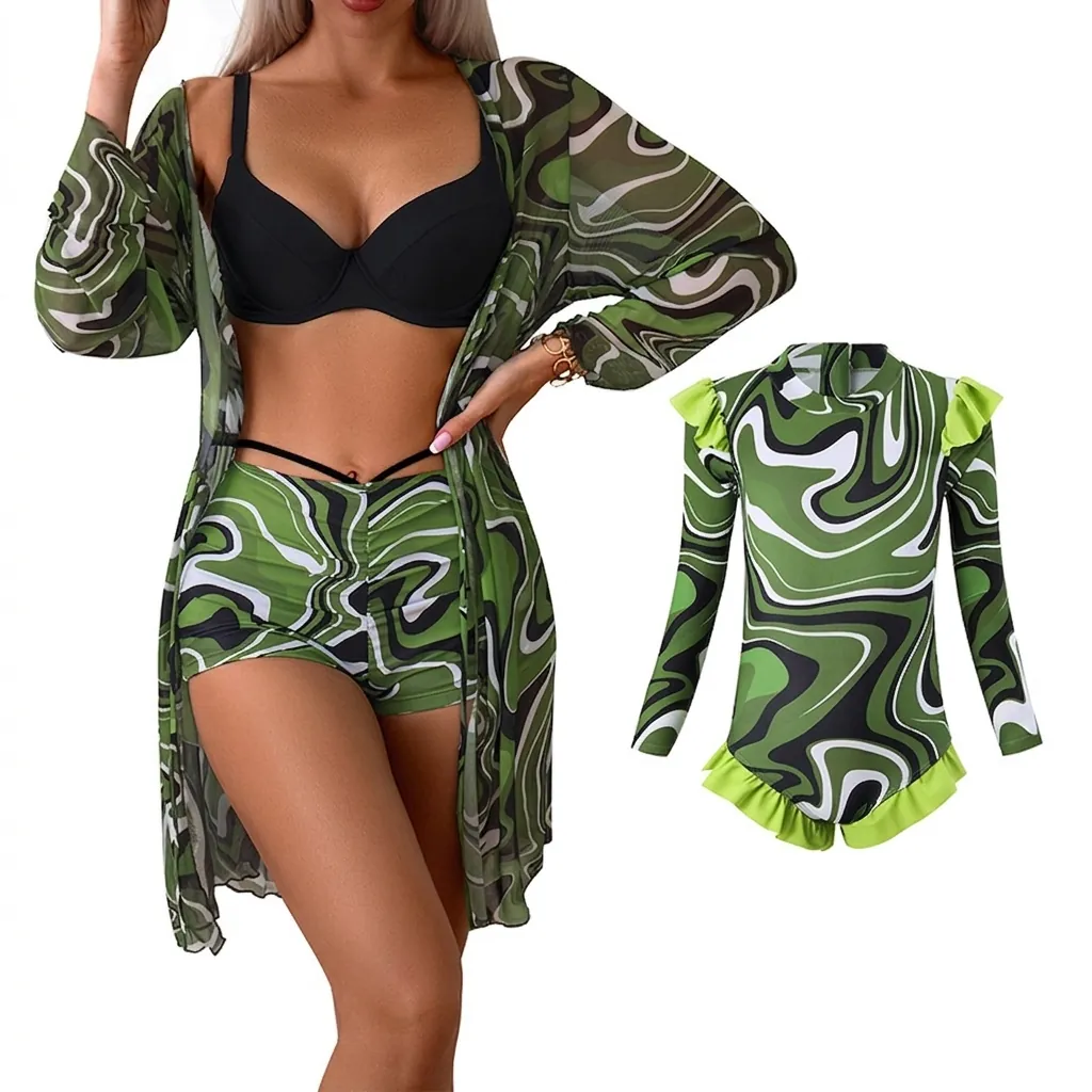 Polyester Spandex Eltern-Kind-Bademode Damen Bikini High Waist Shorts Mesh Cover-up Und Mädchen Langarm-Badeanzug