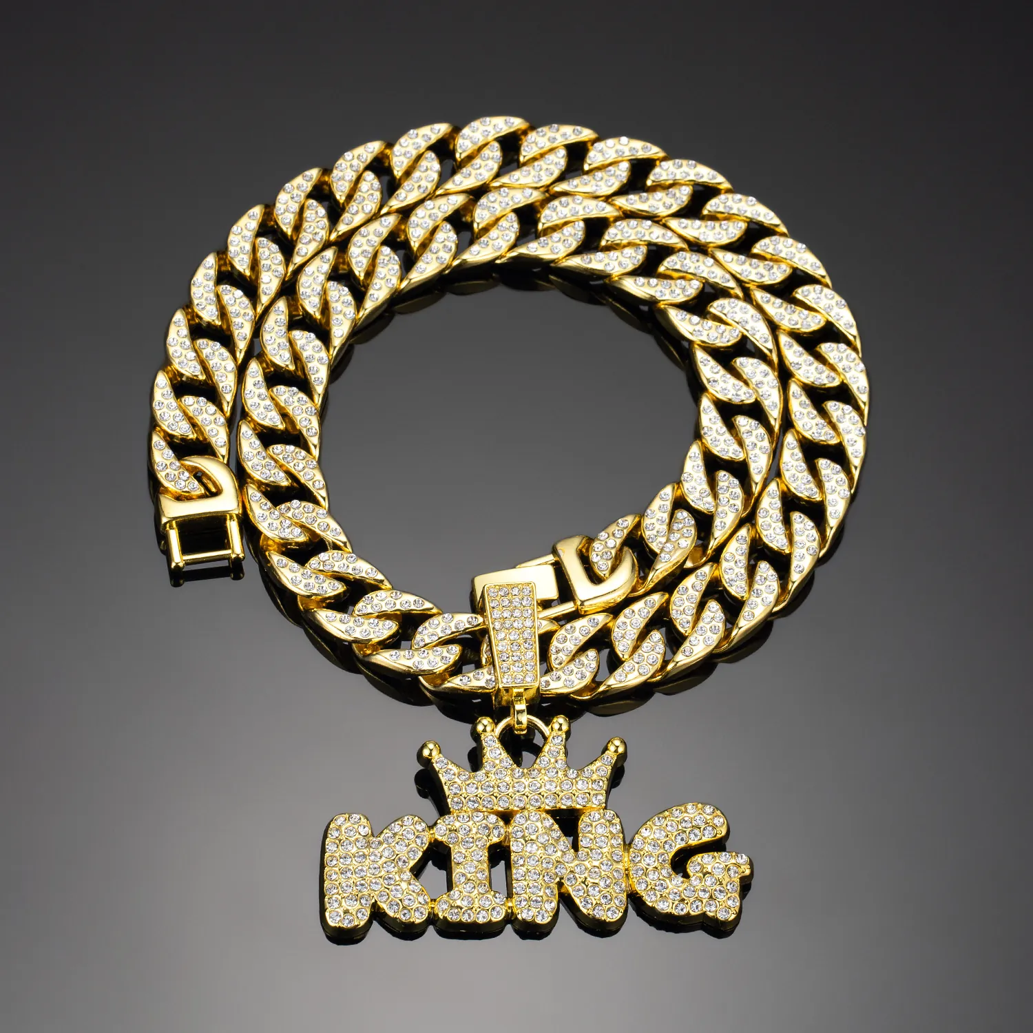Hip Hop Iced Out KING Letter Crown Pendant Necklace For Men Women Zinc Alloy Rhinestone Cuban Rope Wheat Chain Jewelry