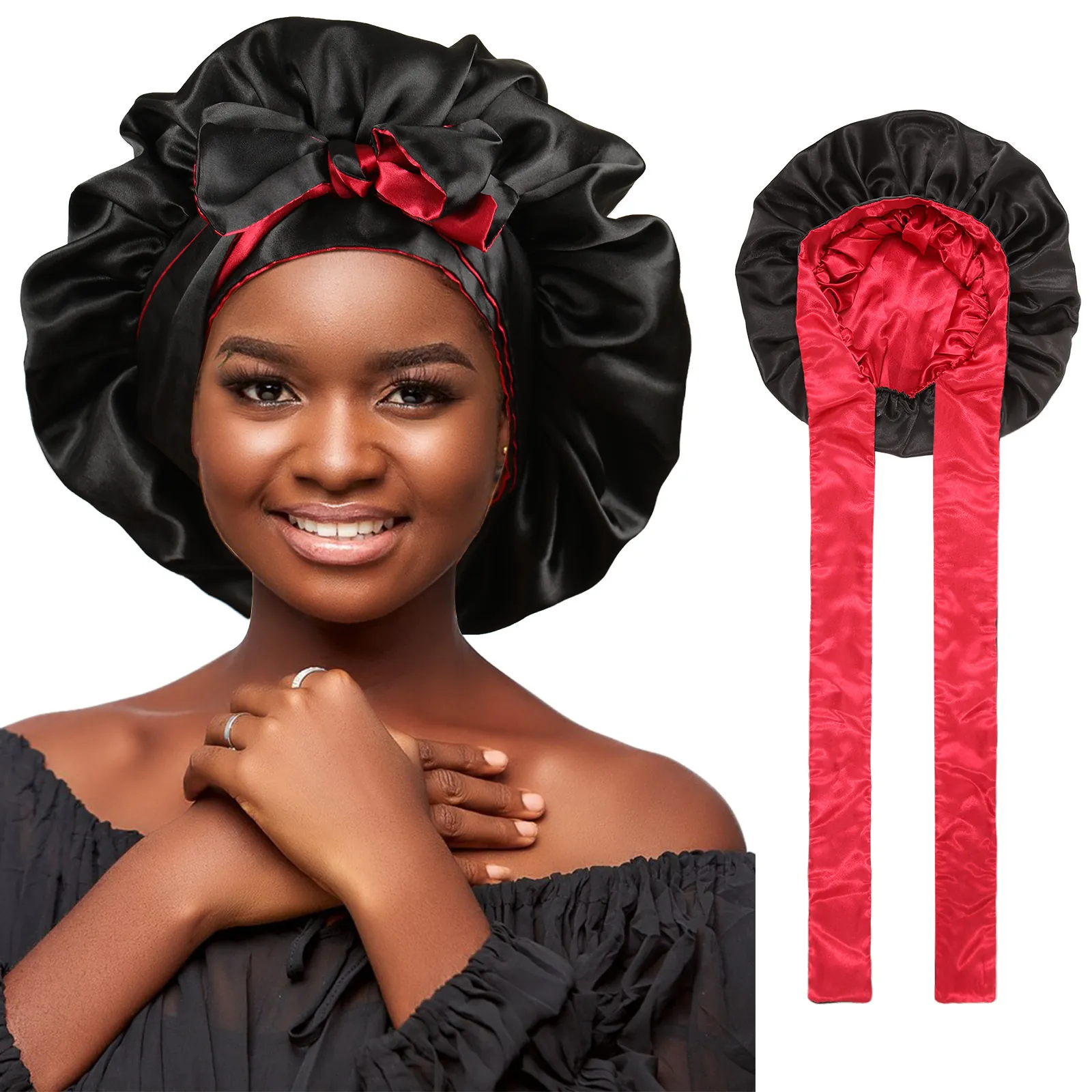 Satin Sleep Bonnet Satin Hair Cap With Long Ties Double Layered Reversible Large Night Head Wrap For Women Vintage