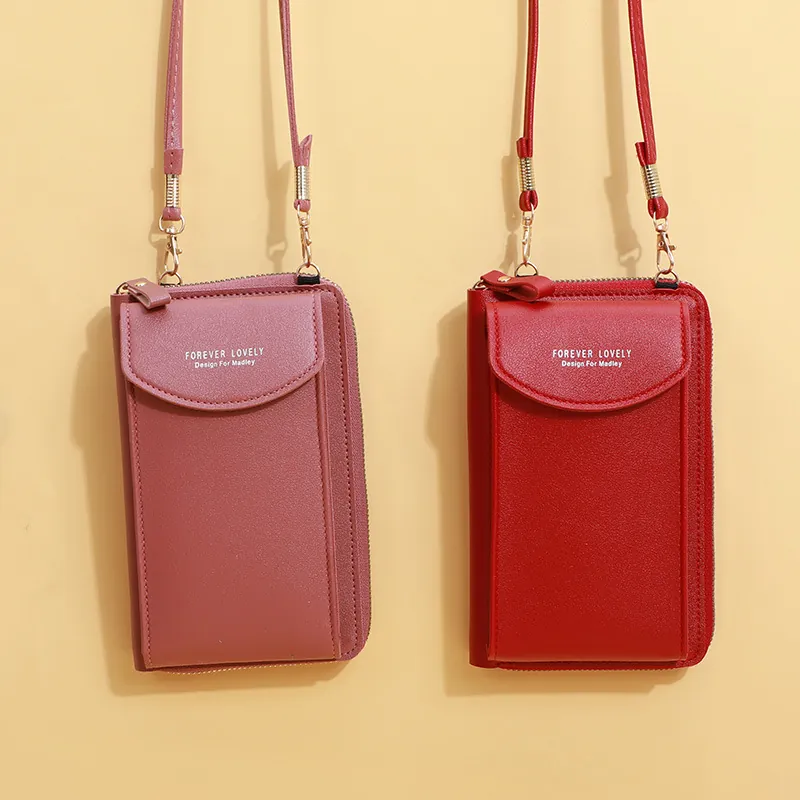 Vertical PU Leather Mobile Phone Crossbody Bag Large Capacity Multi Functional Solid Color Shoulder Wallet For Women