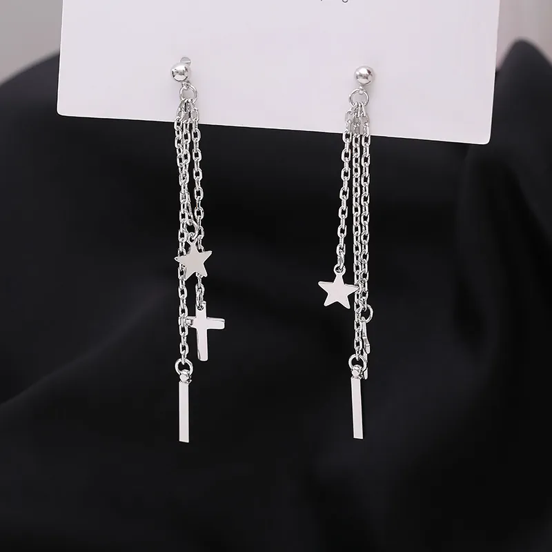 Long Tassel Drop Earrings Silver Color Copper With Star Cross And Bar Pendants Korean Style For Women Fashion Jewelry