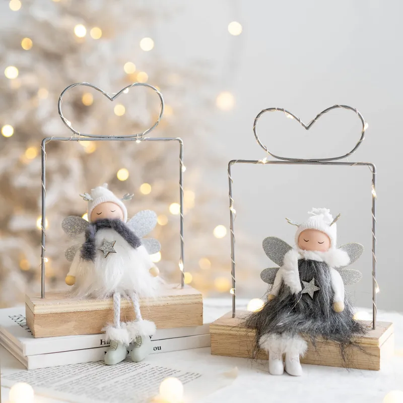 Ornement de Poupée de Fille en Peluche d'Ange de Noël Tricotage Artisanal Base en Bois Paillettes Aile Fée Décoration Vacances Maison Arbre Décor Cadeau