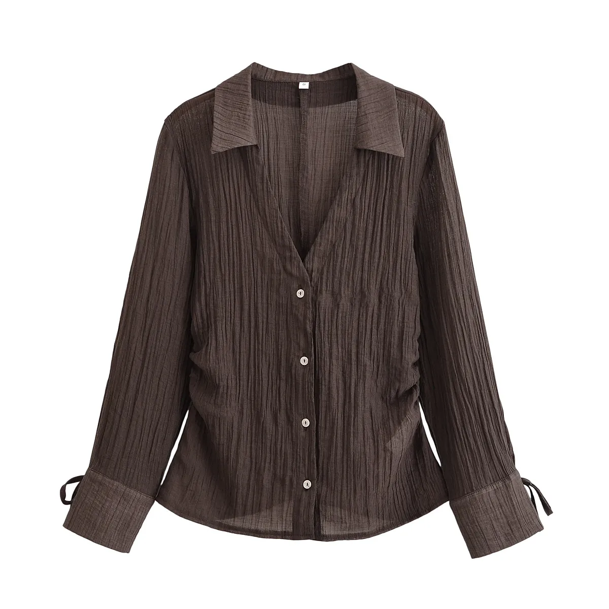 Damen Europäischer Stil Plissee V-Ausschnitt Bluse Durchscheinend Langarm Hemd Mit Schleife Manschette Kaffee