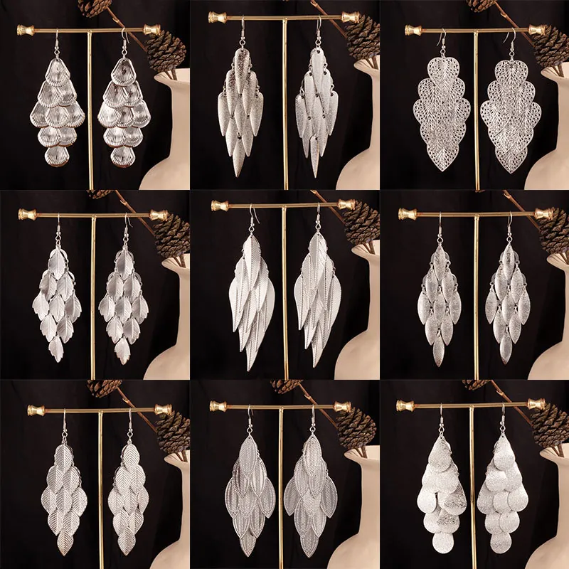 Baroque Vintage Long Drop Earrings For Women Multi Layer Hollow Heart Willow Leaf Alloy With Iron Earring Post Bohemian Style