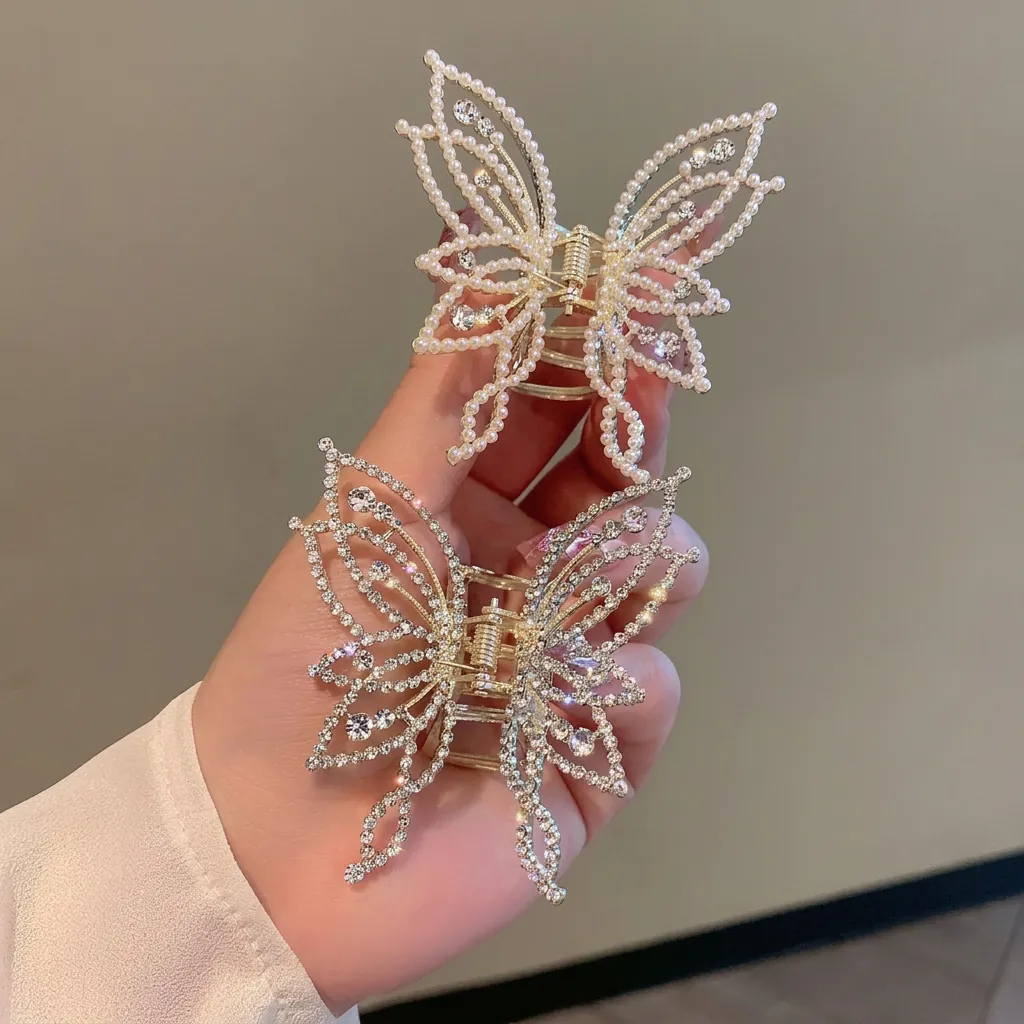 Butterfly Hair Claw Clip Alloy Hollow Elegant Faux Artificial Pearl Rhinestone Decorative Hair Accessory For Women Headwear