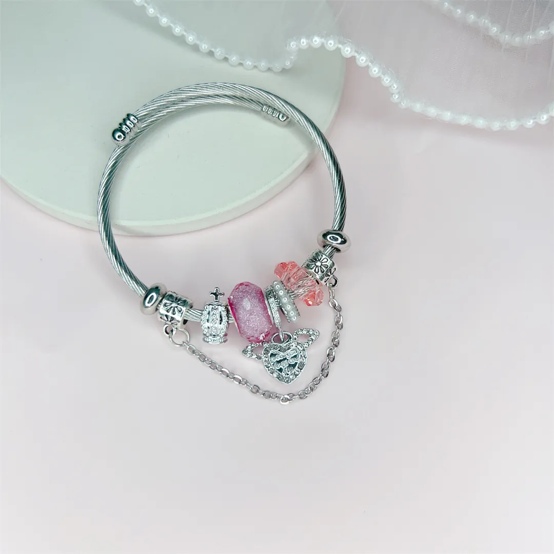 Angel Wings Cupid Charm Bracelet For Women Stainless Steel Alloy Beaded Heart Crown Pendant Bracelet Jewelry Fashion Gift