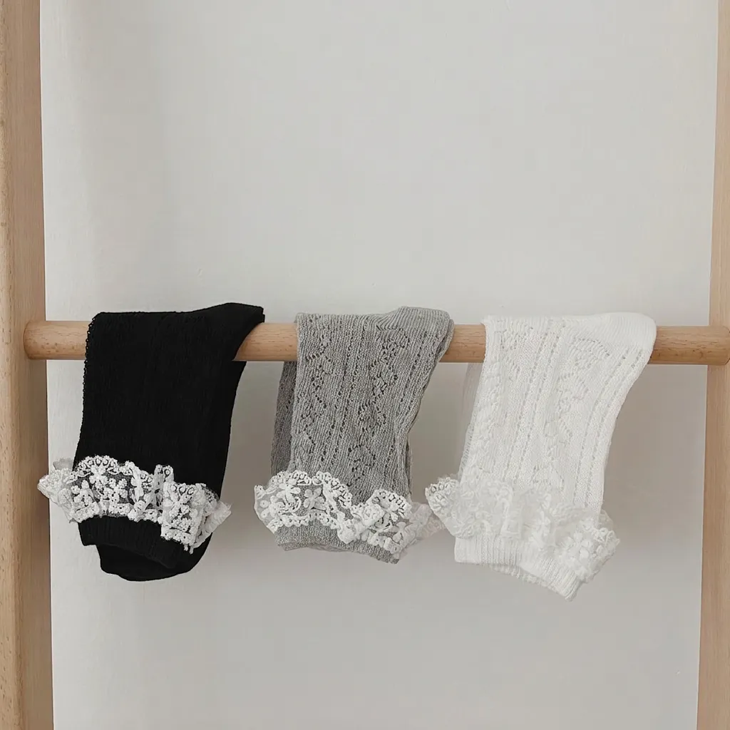 Women Cotton Socks Heart Pointelle Hollow Knit White Lace Trim Lolita JK Style Sweet Mid Calf Hosiery