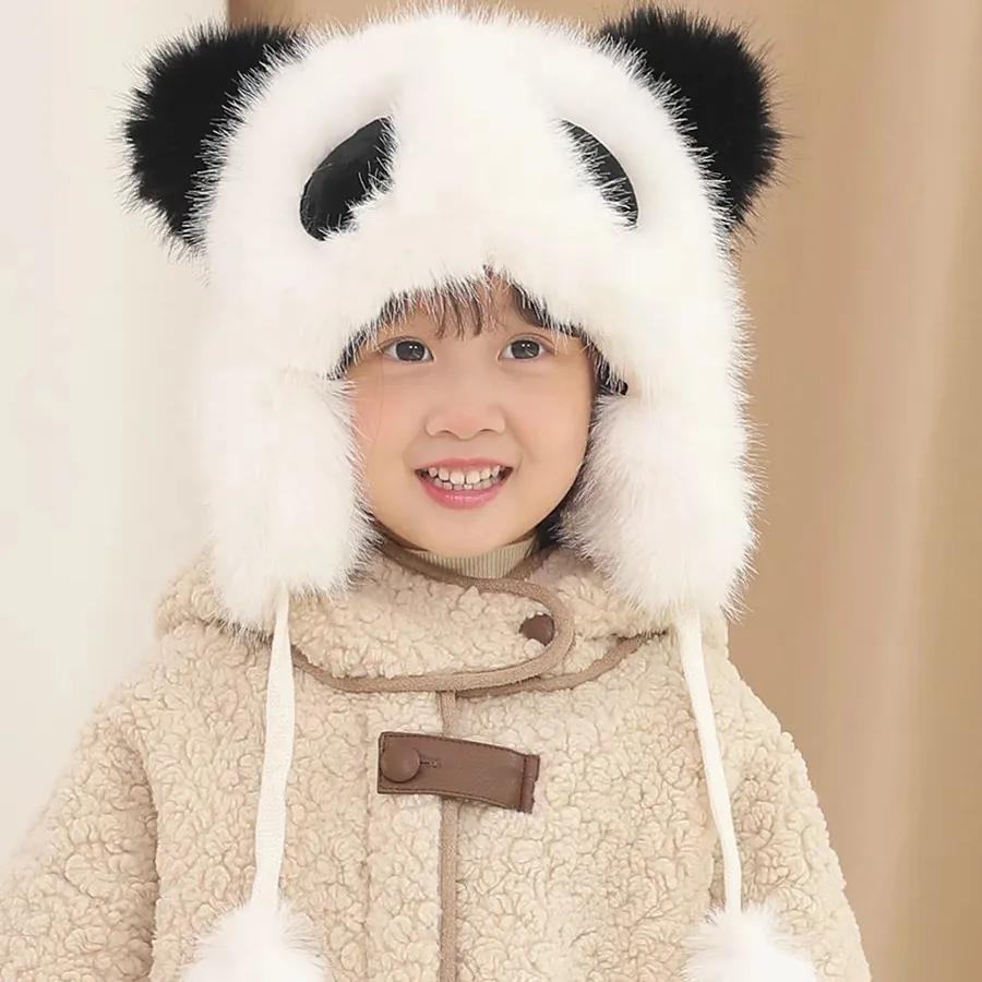 Kids Panda Plush Trapper Hat Faux Fur Winter Warm Earflap Cap With Pom Poms Windproof Cute For Children Toddlers