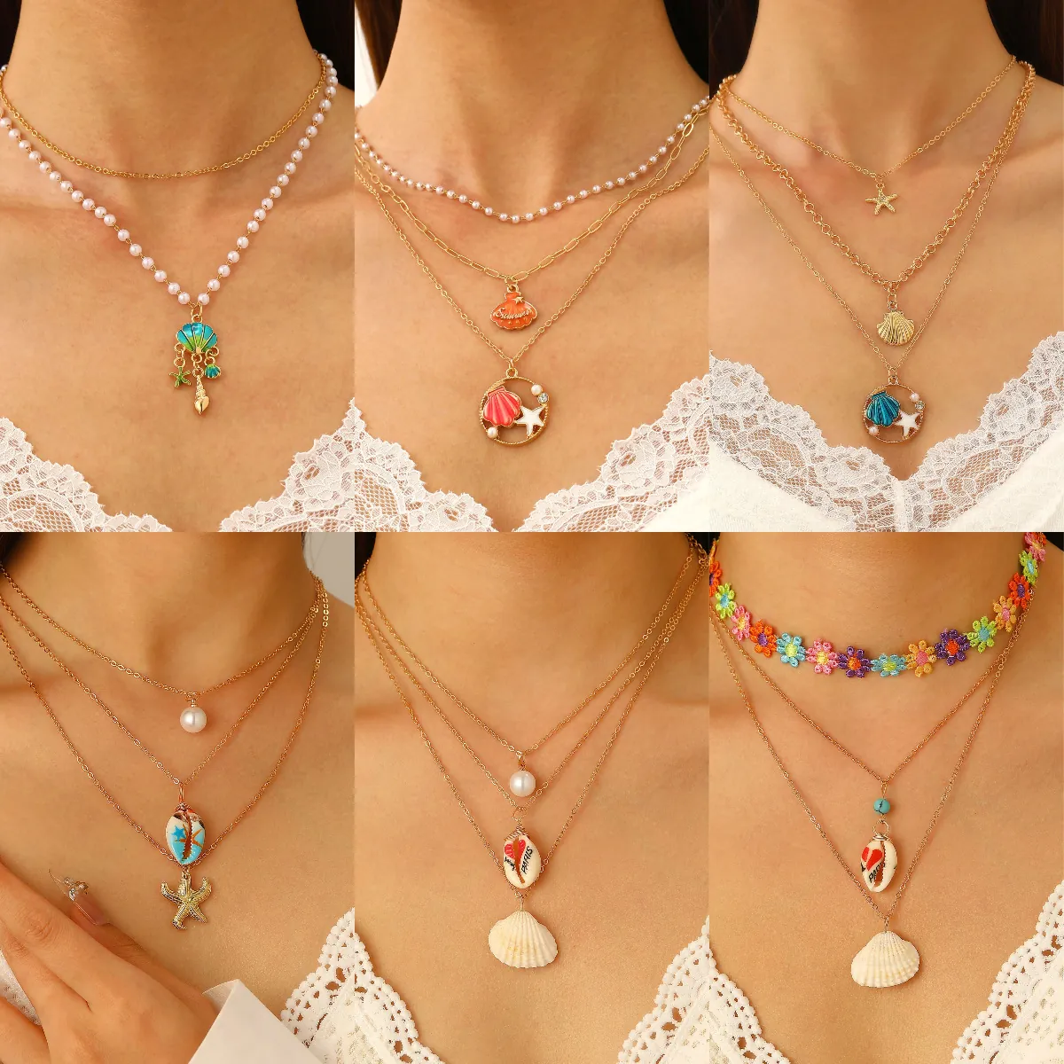 Collana a Strati in Lega Bohémien per Donna Con Pendenti a Stella Marina e Conchiglia Perla Artificial Imitazione Gioielli da Spiaggia
