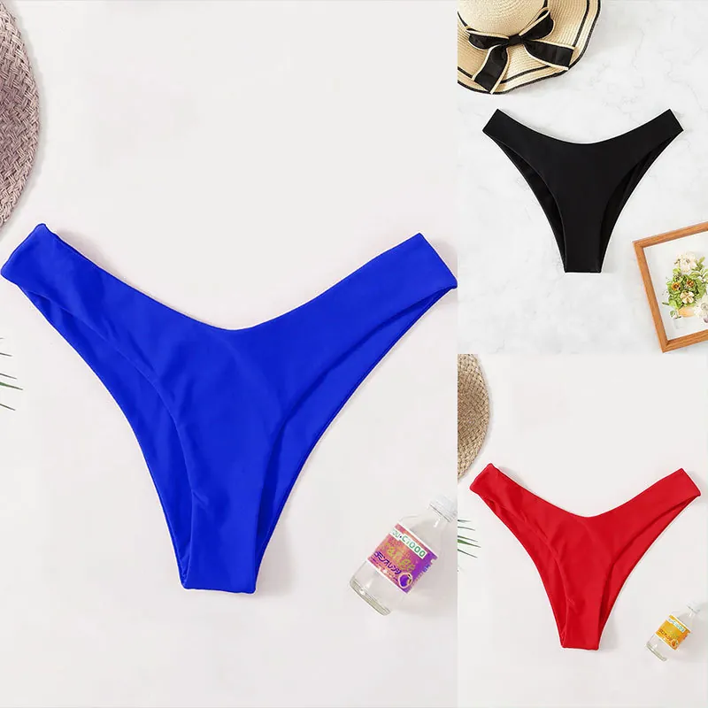 Women Bikini Bottom V Waist High Cut Swimsuit Briefs Solid Color Nylon Seamless Beachwear Sexy Stretchy