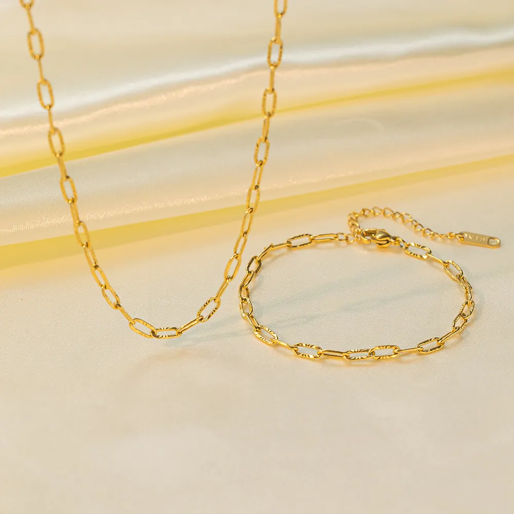Textured Paperclip Chain Necklace And Bracelet 18K Gold Plated Stainless Steel Minimalist Jewelry For Women