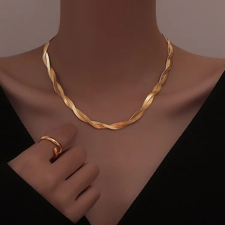 Twisted Snake Chain Necklace And Bracelet Jewelry Gold Plated Stainless Steel Layered Herringbone Chic Women