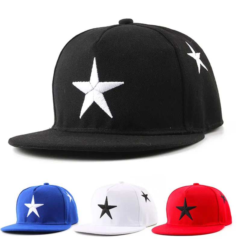 Bestickte Stern Snapback Hut Flache Krempe Hip Hop Baseballkappe Atmungsaktiv Sonnenschutz Lässig Outdoor Unisex Polyester